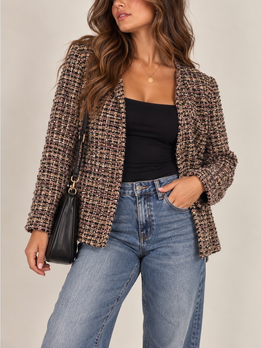 Classic Textured Tweed Office Sired Open-Front Collarless Jacket Blazer | Size X